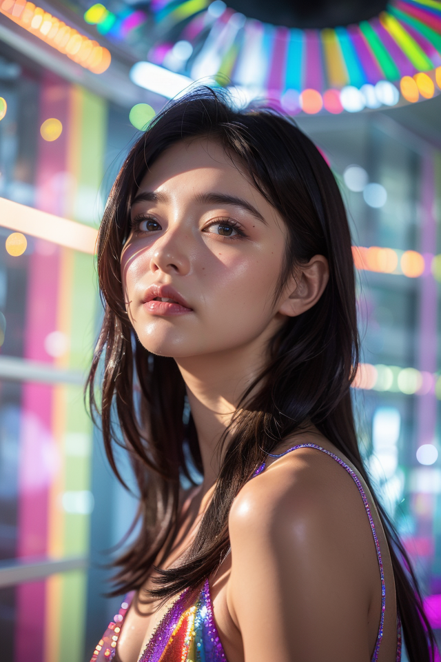 38366-1360460866-A 28-year-old Asian girl,Upper body view,Surrounded by a vibrant display of rainbows,The background is a complex glass structure.png